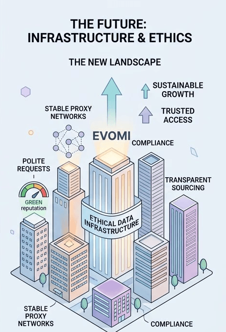 Infographic showing Evomi ethical data infrastructure as a city skyline representing sustainable growth and proxy compliance