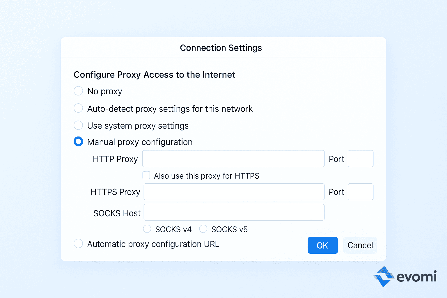 Firefox Connection Settings window showing proxy configuration options