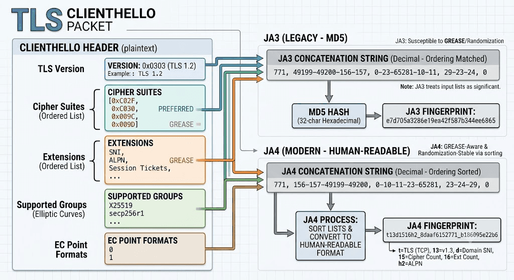 Diagram: a ClientHello packet broken into its fields — TLS version, cipher suites (ordered list), extensions (ordered list), supported groups, EC point formats — with arrows feeding each field into a concatenation step, then an MD5 box producing a 32-char JA3 hash and a parallel box producing a human-readable JA4 string