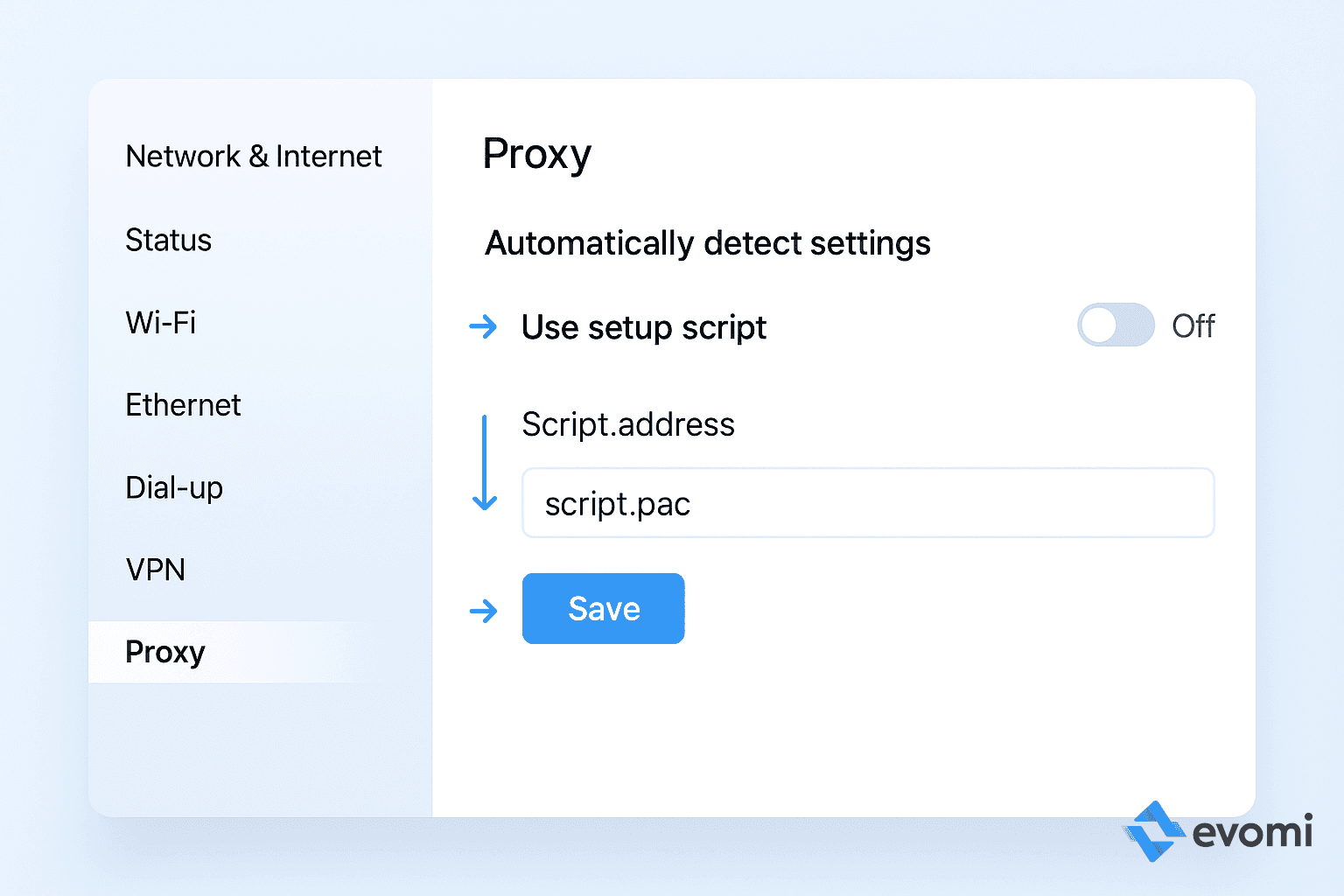 Windows 10 Proxy settings page showing automatic and script setup options