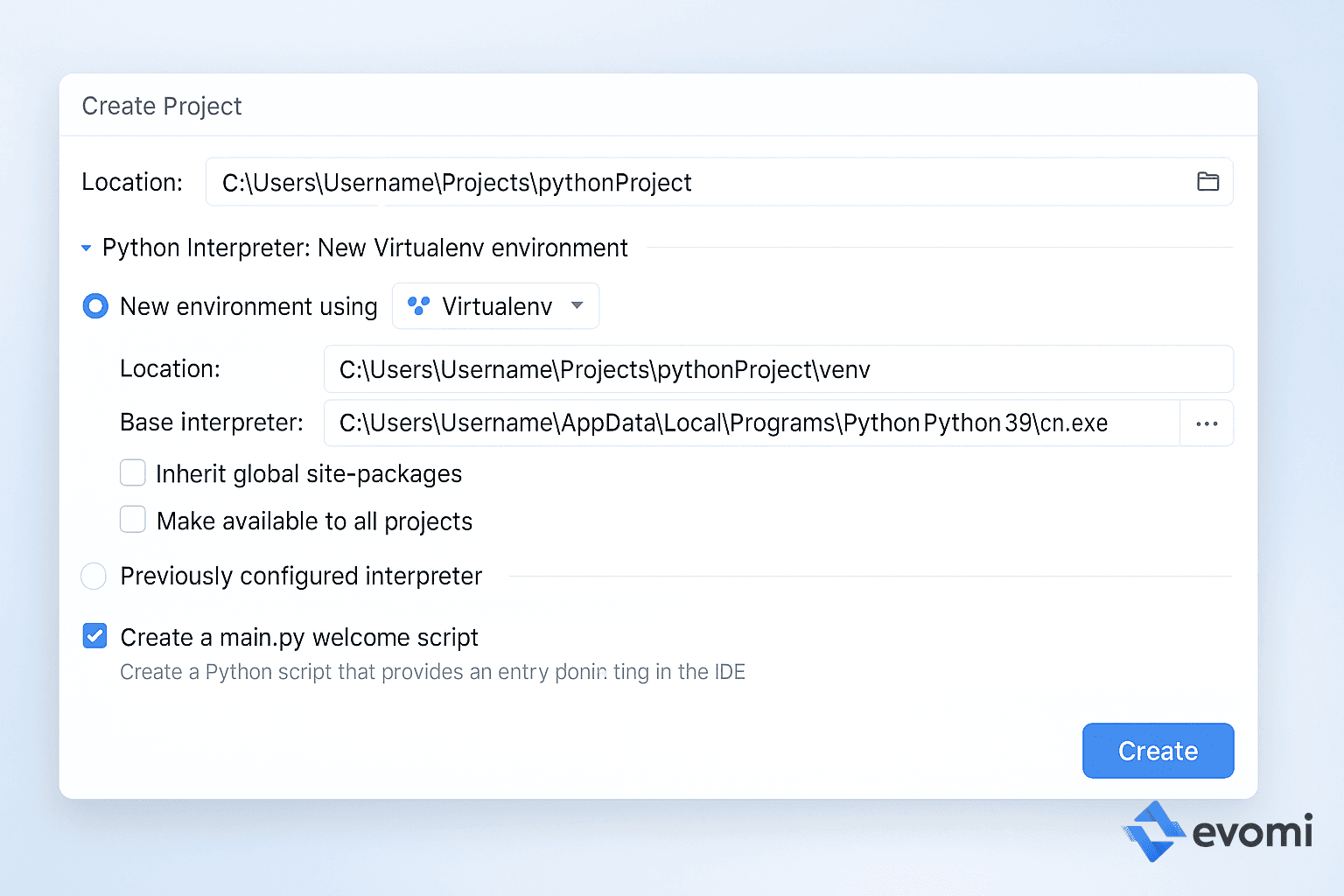 Creating a new project in PyCharm IDE.