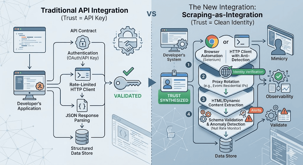 Comparison diagram showing the shift from traditional API key-based integration to identity-based web scraping workflows