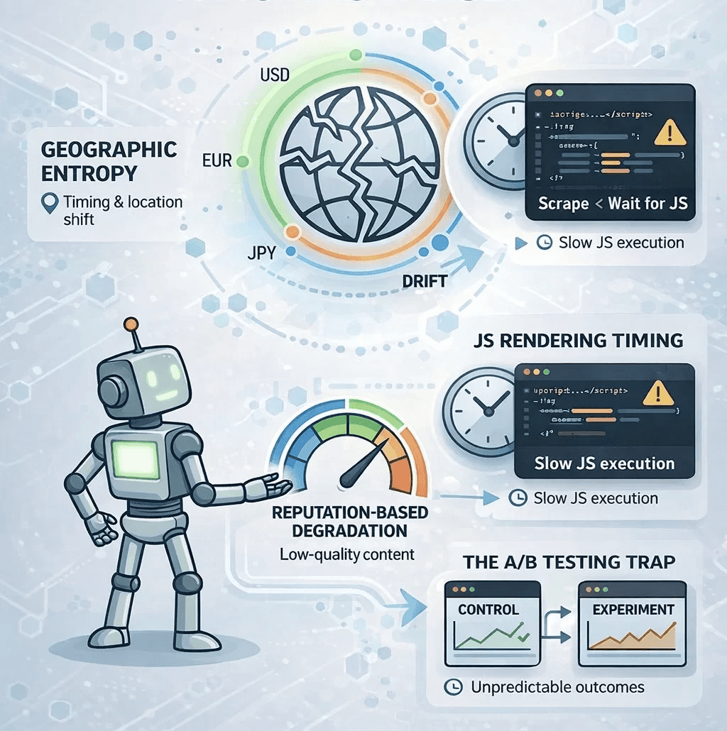 Infographic showing how geographic entropy, JS rendering delays, and A/B testing traps cause misleading web scraping data