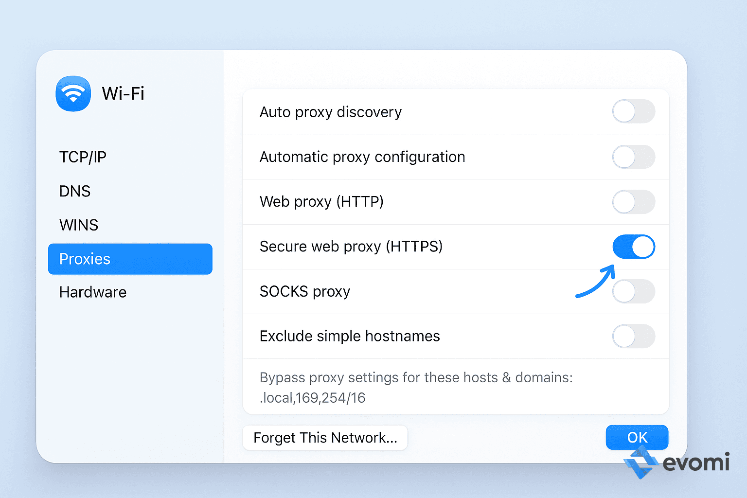 Proxy settings panel within macOS Network Preferences