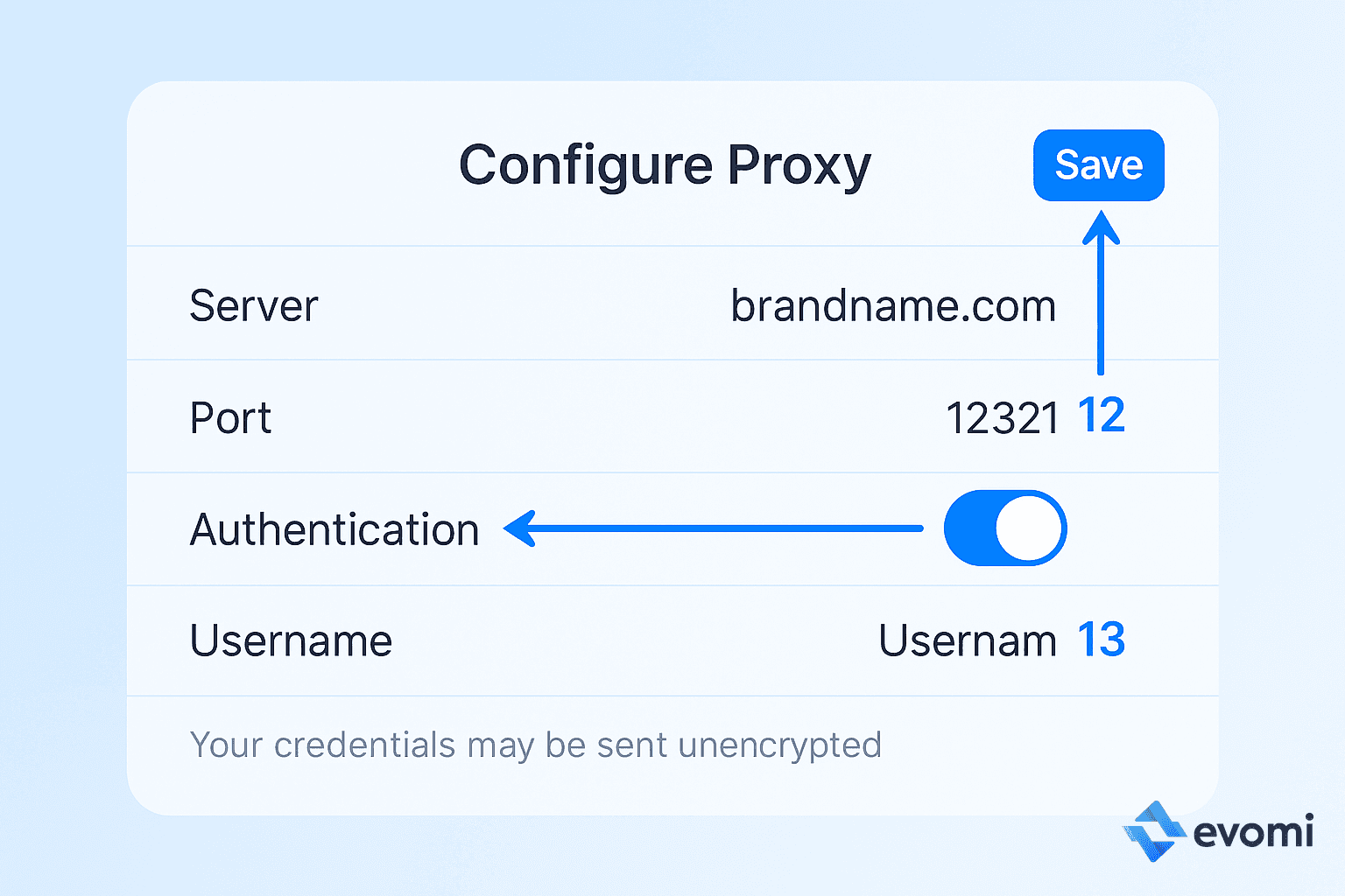 iOS Manual Proxy settings showing Authentication fields and Save button