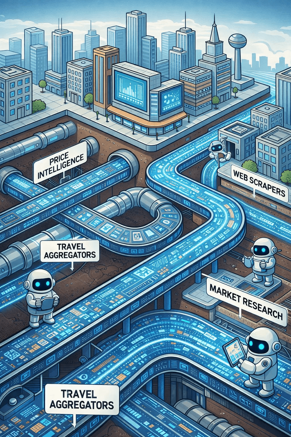 Isometric illustration of robots managing data streams in underground pipes labeled as web scraping and AI infrastructure
