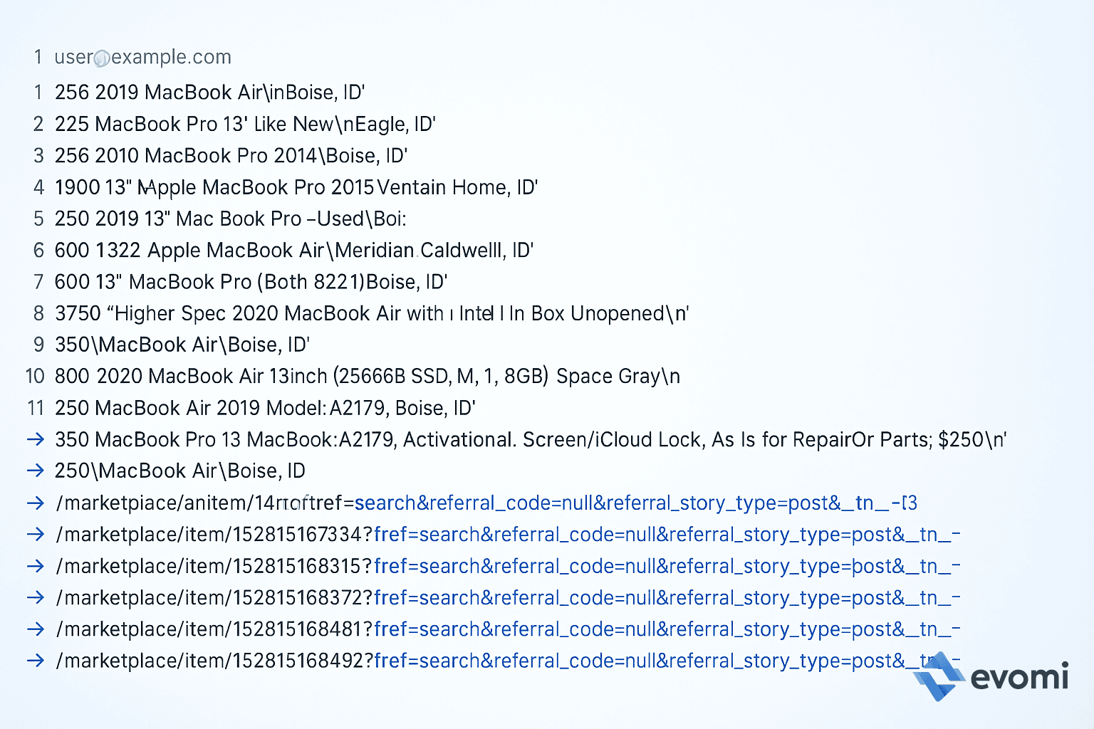 Example console output showing scraped Facebook listing data
