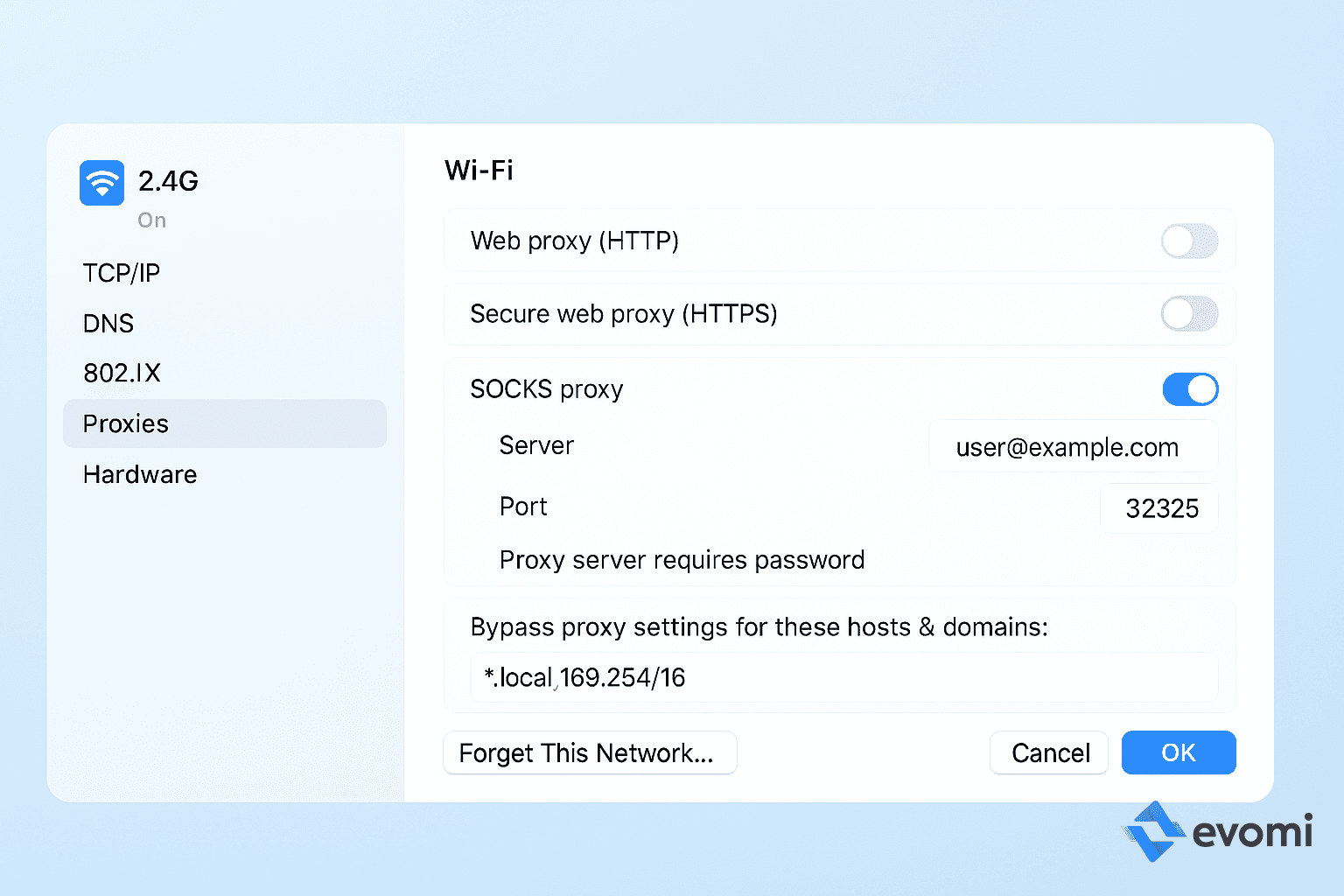 Example of correct SOCKS proxy settings for macOS using IP whitelisting (password box unchecked)