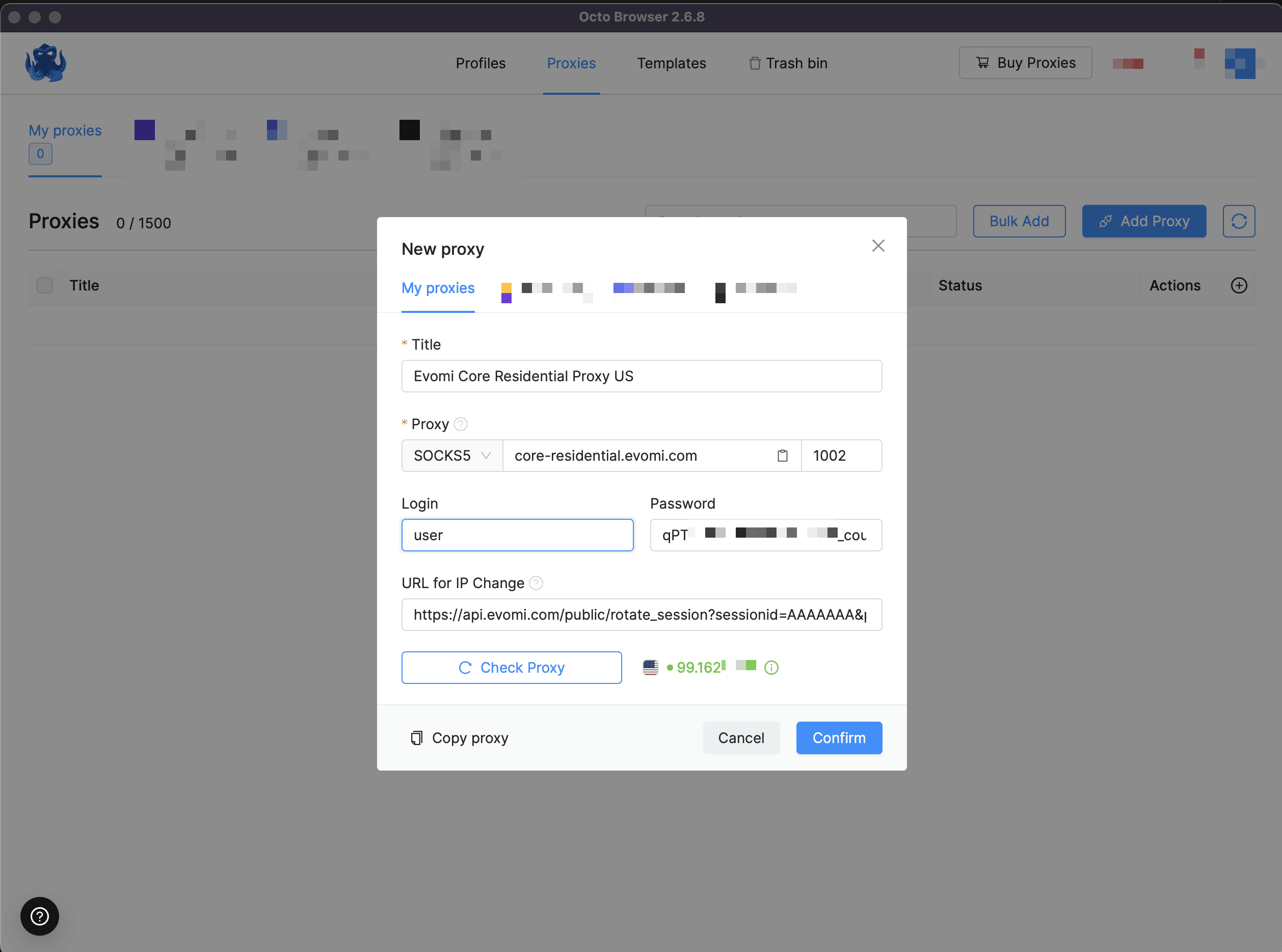 Successful Evomi proxy check in Octo Browser