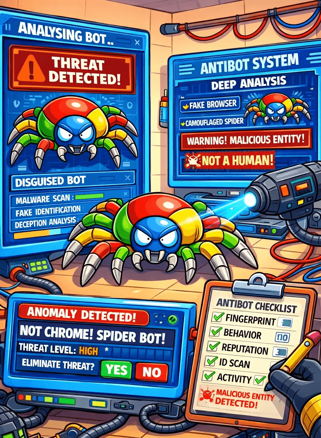 Antibot system scanning a multi-colored spider bot disguised as a Chrome browser to detect malicious scraping activity