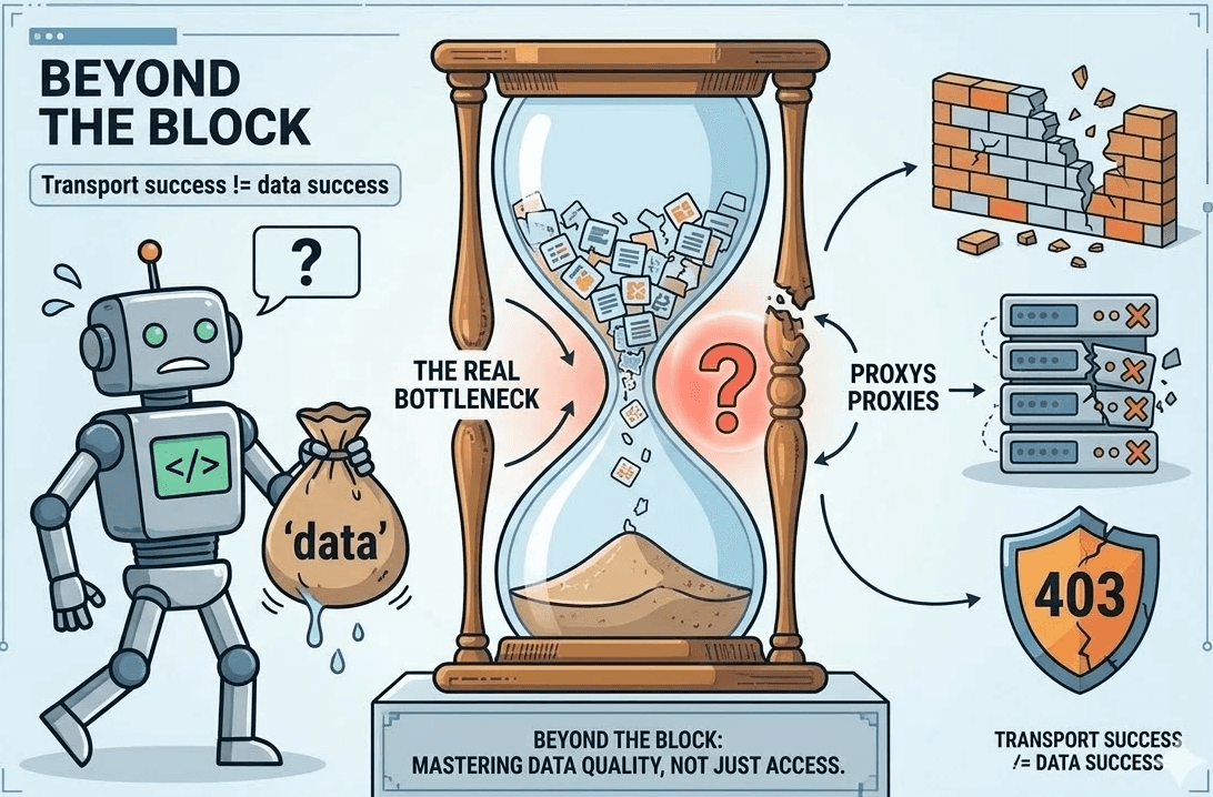 Hourglass showing data bottleneck with a robot holding a leaking data bag and icons representing proxy failures and 403 errors