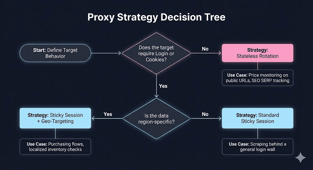 A flow chart illustrating a proxy strategy decision tree based on login requirements, regional data, and session needs