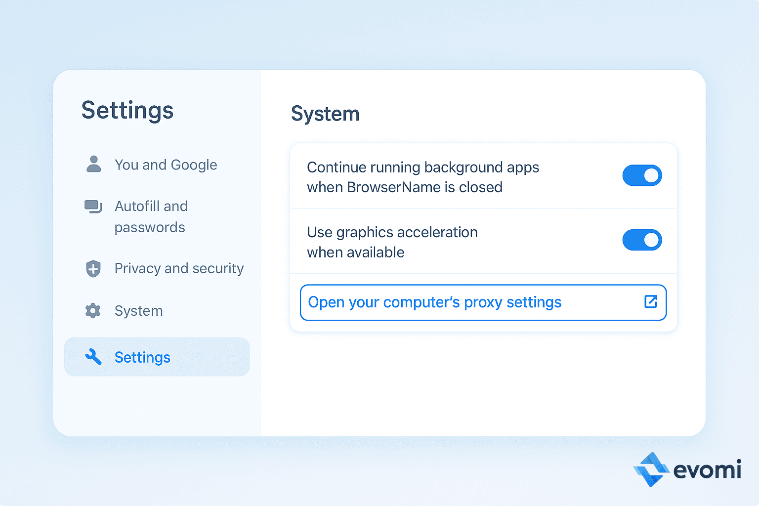 Google Chrome's System settings page on a Windows computer