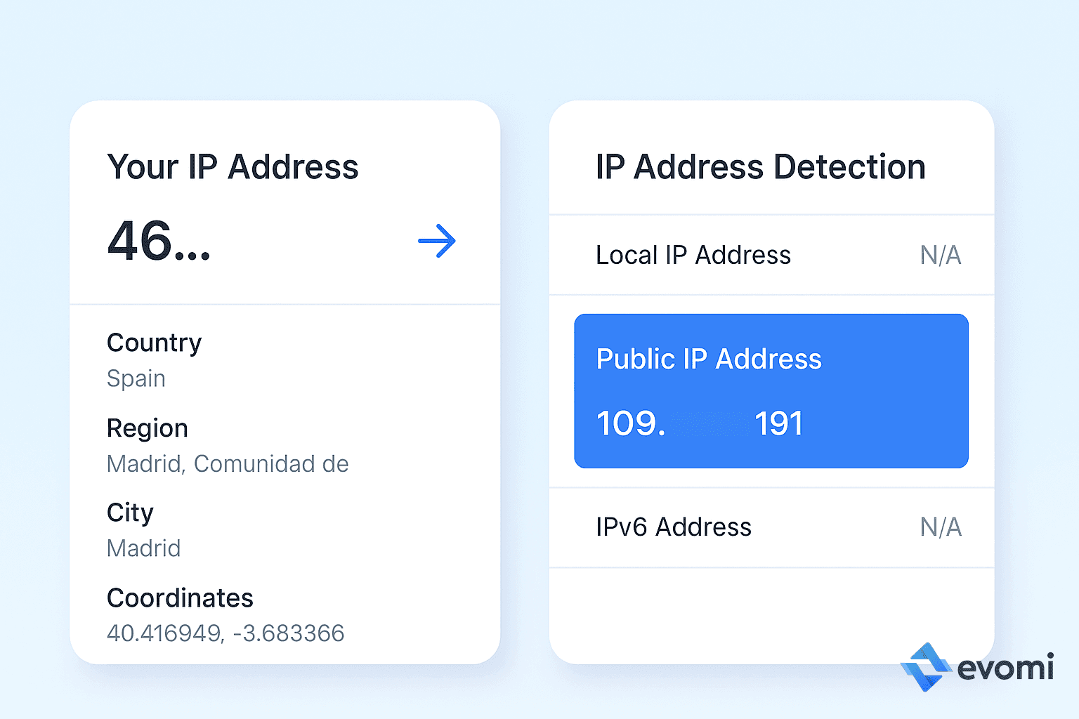 Example of a WebRTC leak test showing different IPs
