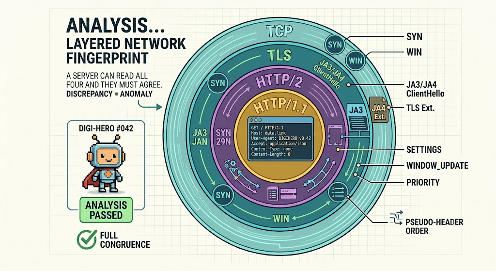 Diagram: the layered fingerprint stack — TCP (SYN/window) → TLS (JA3/JA4 ClientHello) → HTTP/2 (SETTINGS, WINDOW_UPDATE, priority, pseudo-header order) → HTTP (header names, order, casing). A server can read all four and they must agree.