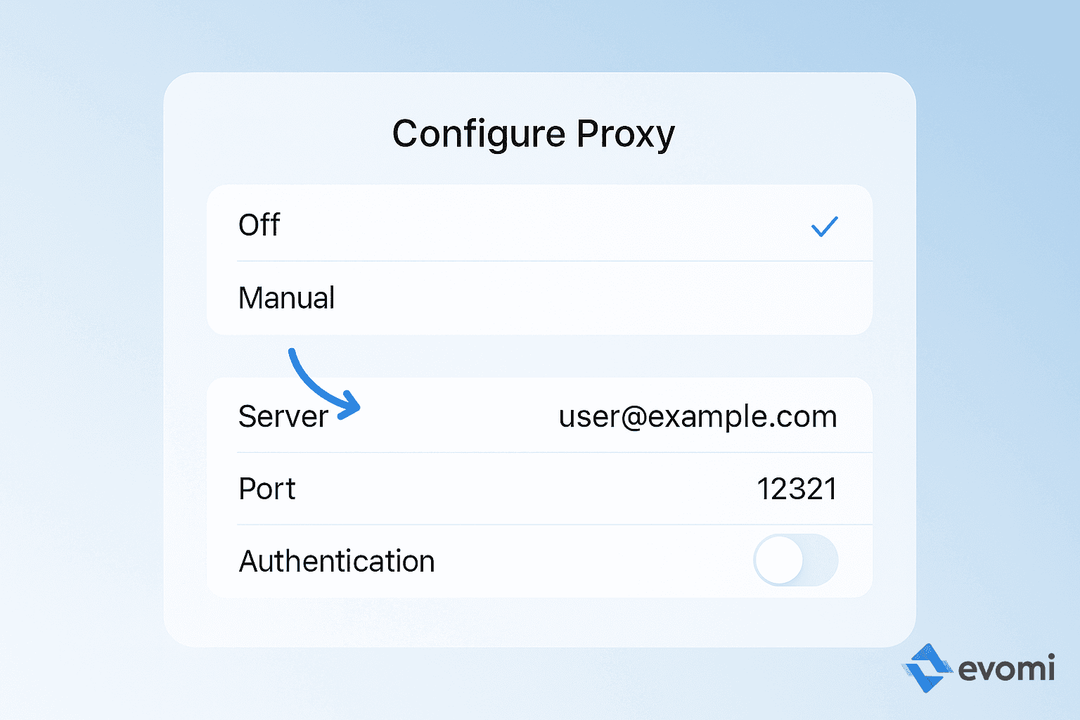 iOS Manual Proxy settings showing Server and Port fields