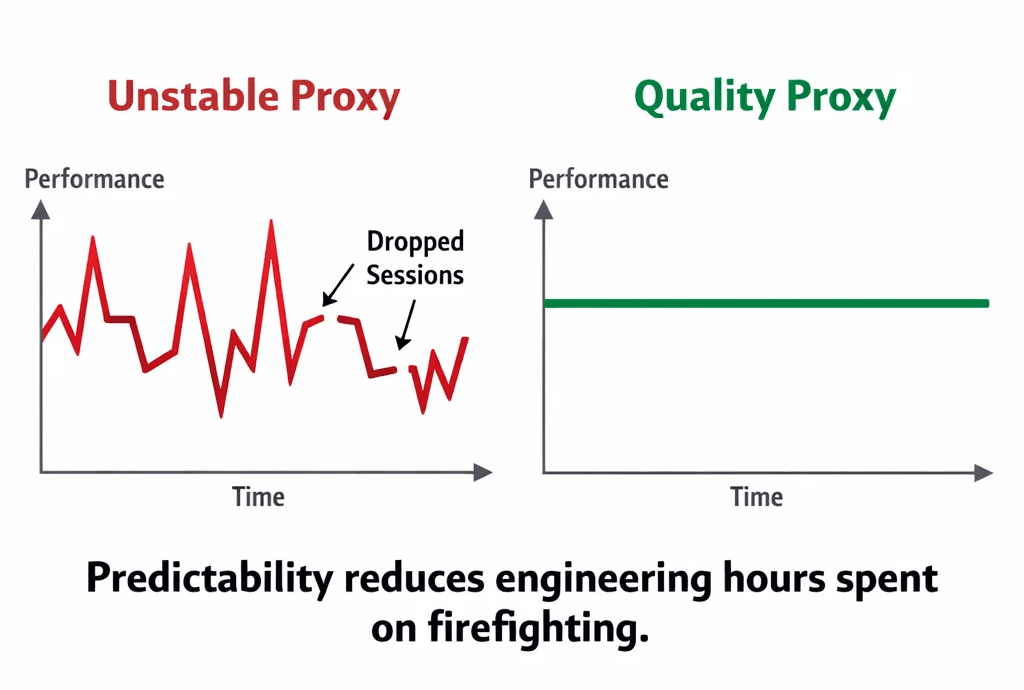Line graph comparing an unstable proxy with erratic performance and dropped sessions to a stable, consistent quality proxy