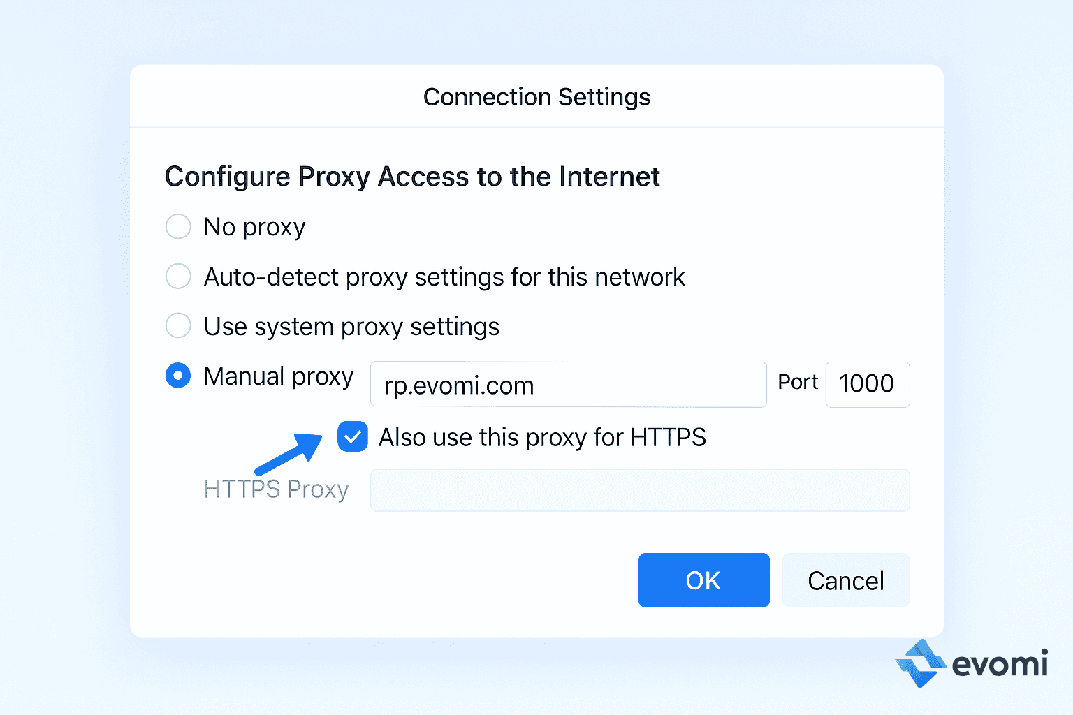 Firefox Connection Settings showing fields for manual HTTP and HTTPS proxy configuration