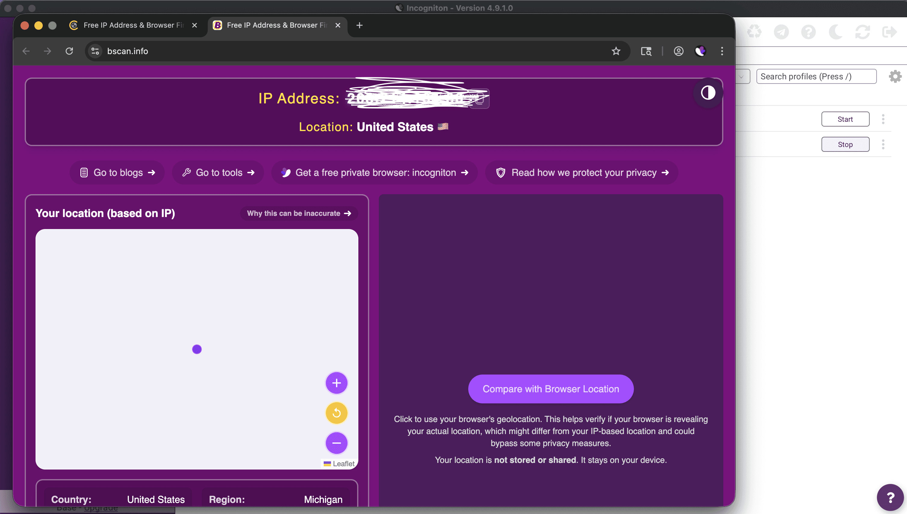 Incogniton browser window displaying a successful IP address and location check on bscan.info after proxy configuration
