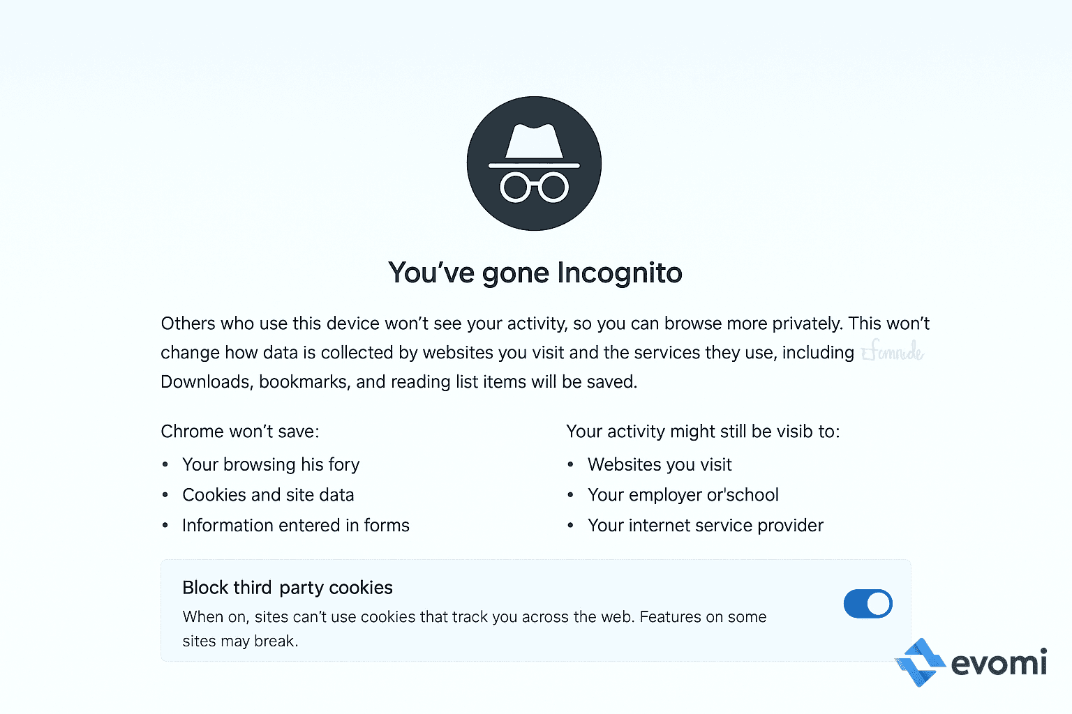Screenshot of browser incognito mode notification