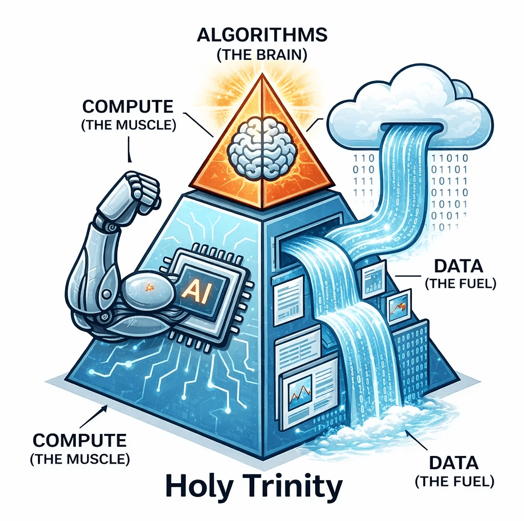 A pyramid diagram illustrating the AI trinity of algorithms as the brain, compute as the muscle, and data as the fuel