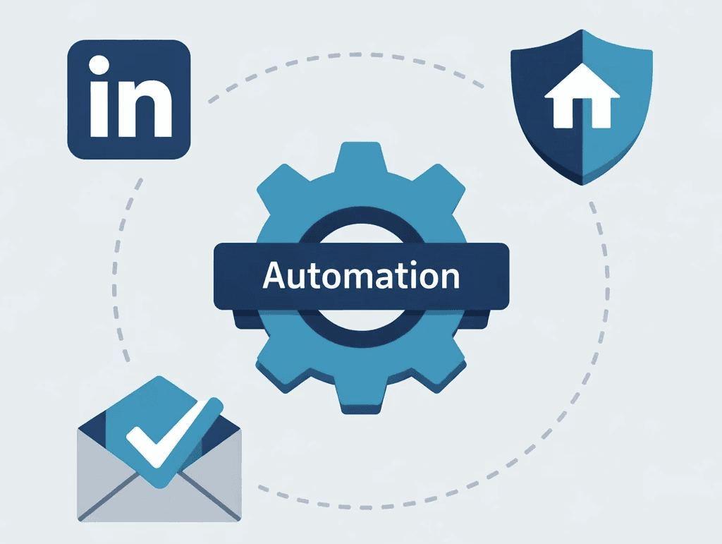 A gear icon labeled Automation connected to LinkedIn, a home shield, and an email icon representing automated lead scraping