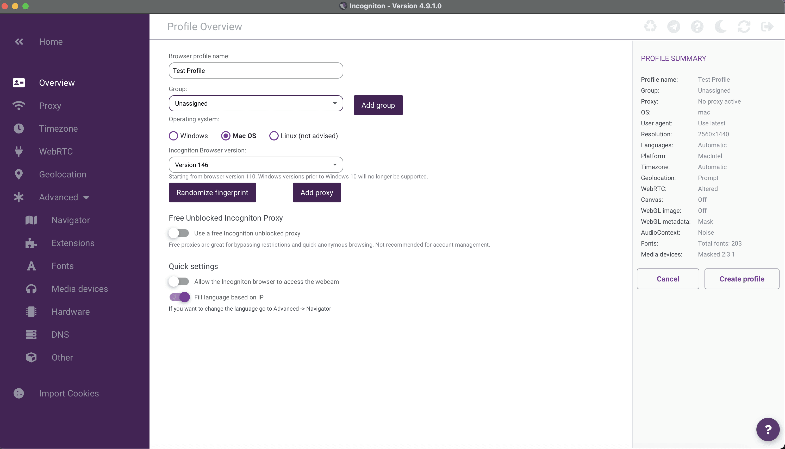 Incogniton browser interface showing the profile creation screen with settings for operating system and proxy configuration