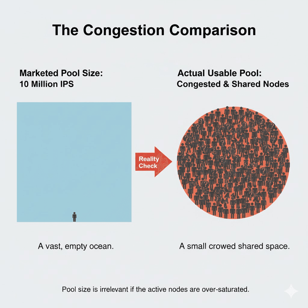 Comparison of a large empty square representing marketed proxy pool size versus a crowded circle showing actual congestion