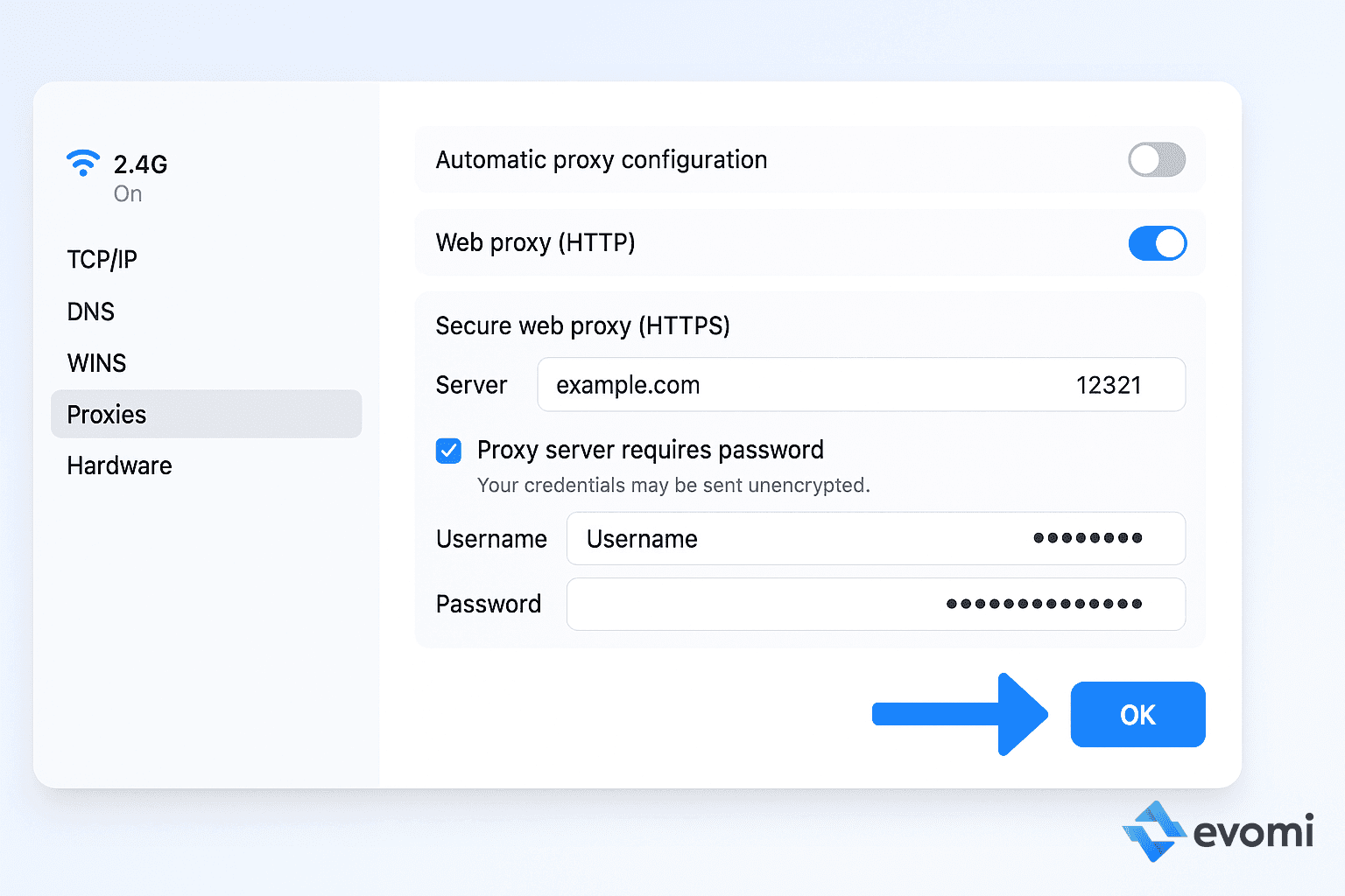 Entering HTTPS proxy server details and credentials in macOS settings