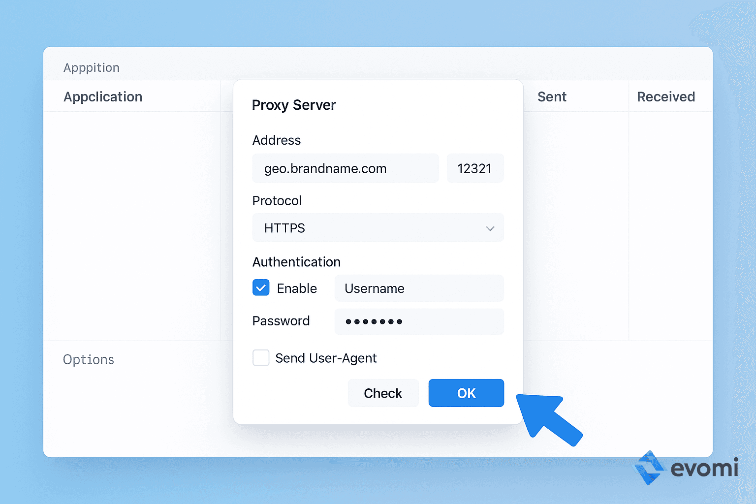 Entering proxy server details and credentials in Proxifier