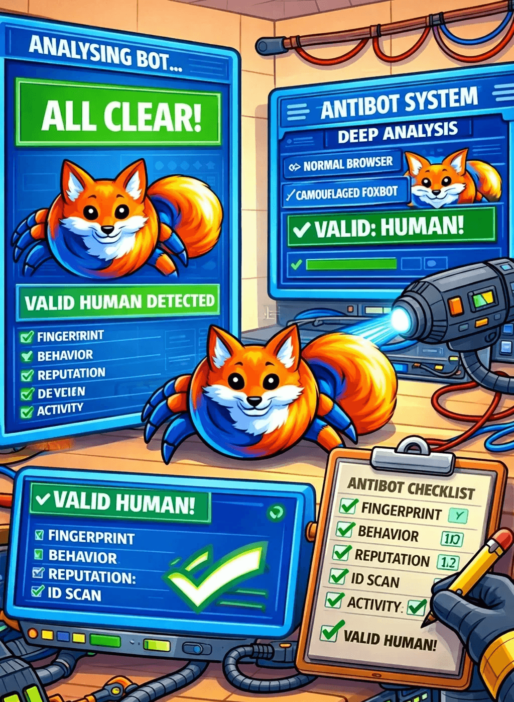 Digital dashboard displaying an antibot system verifying a fox-like creature as a valid human user during web scraping