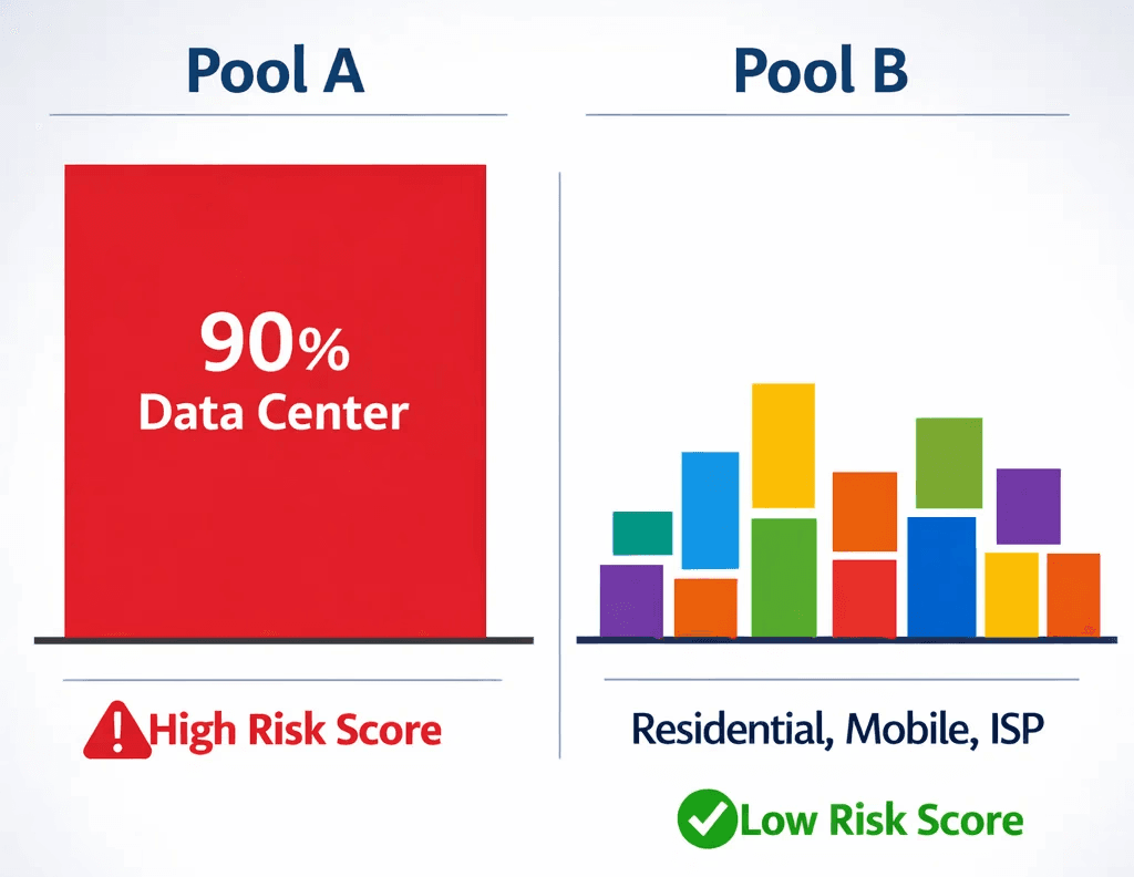 Comparison of a high-risk data center proxy pool versus a low-risk, diverse residential and mobile proxy pool