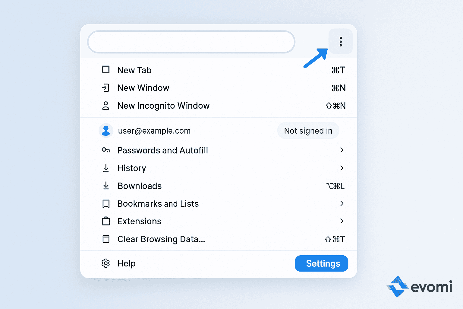 Accessing Google Chrome's main menu on a macOS computer