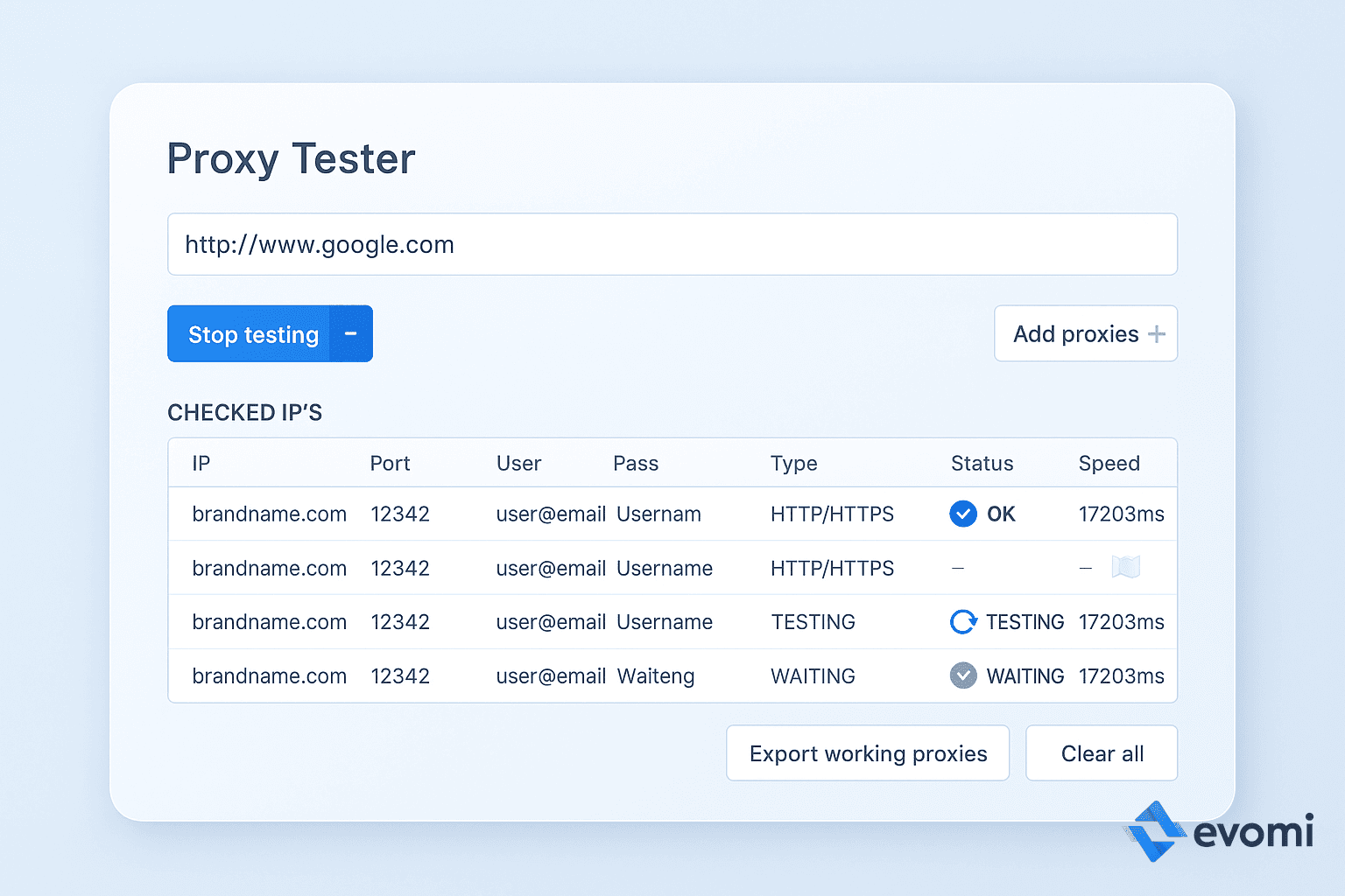 Example of a proxy tester interface showing results