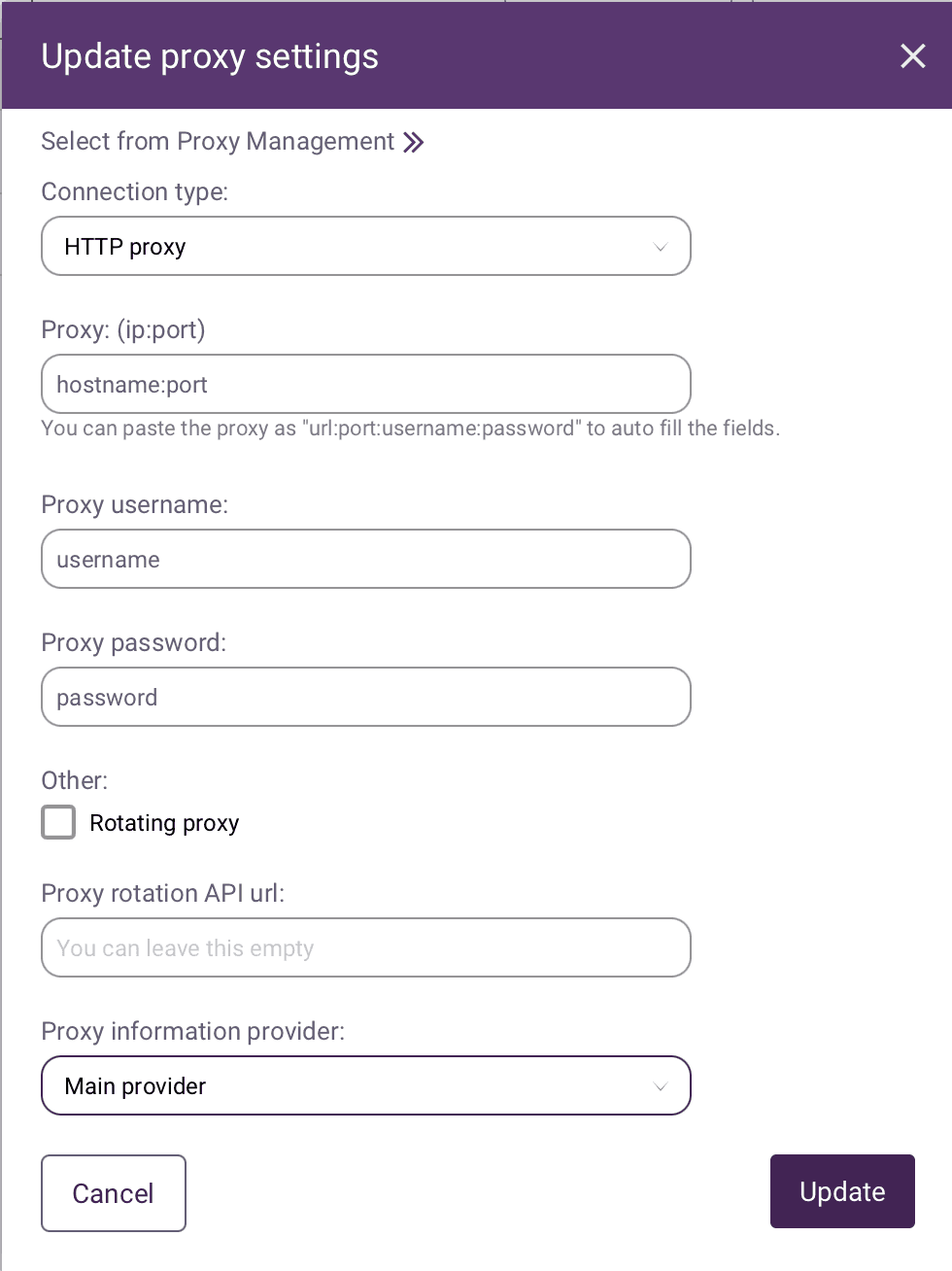 Incogniton browser settings window showing fields for HTTP proxy, credentials, and rotation API configuration