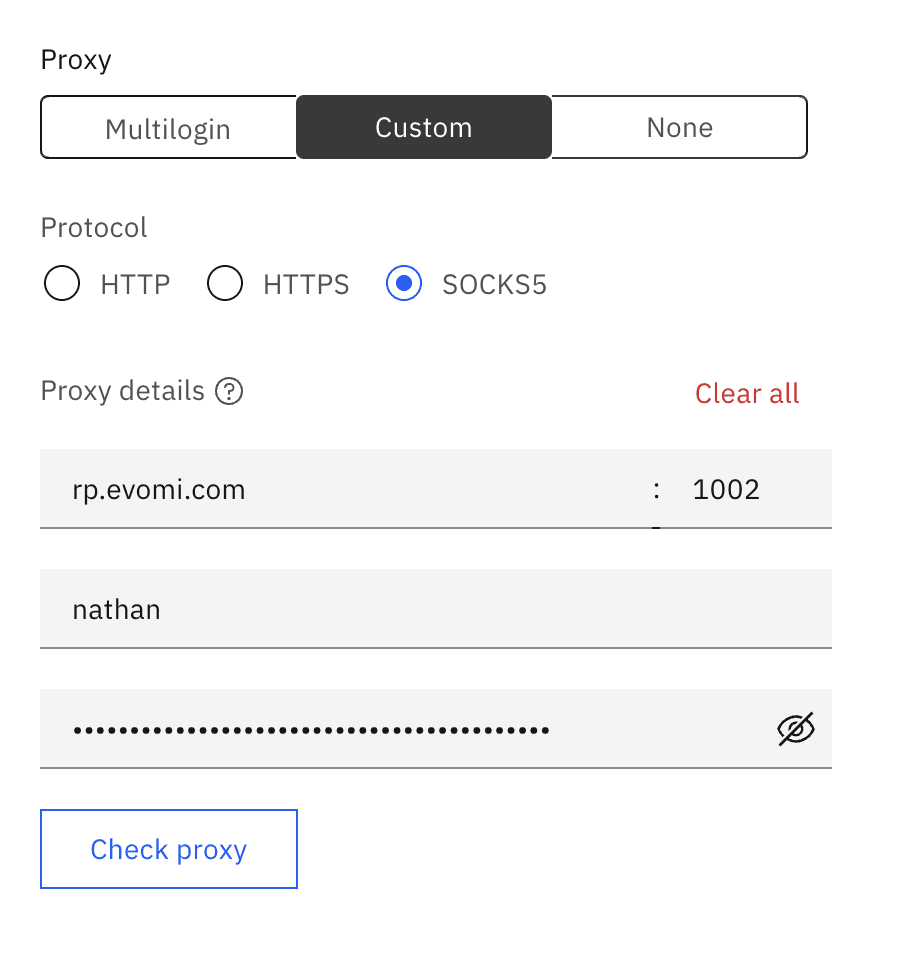 Entering Evomi proxy credentials in Multilogin