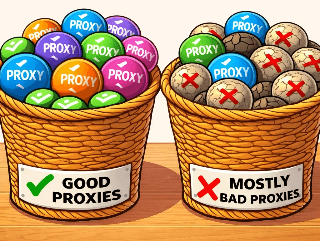 Two baskets comparing high-quality, reliable proxies with low-quality, blocked, or broken proxy servers