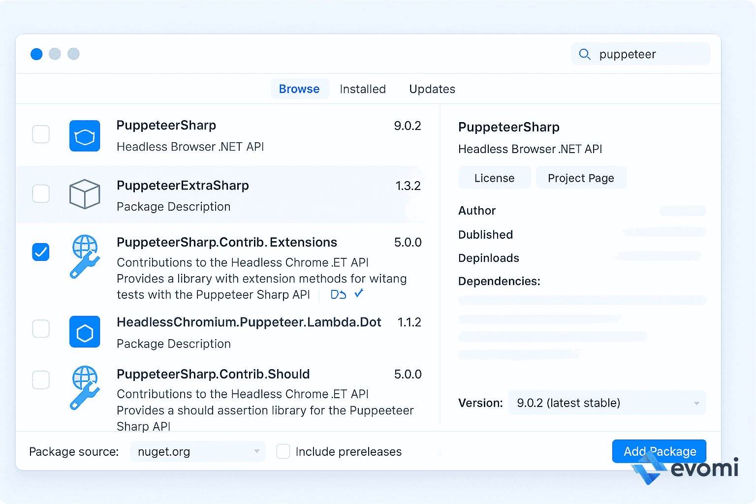 Finding PuppeteerSharp in NuGet Package Manager