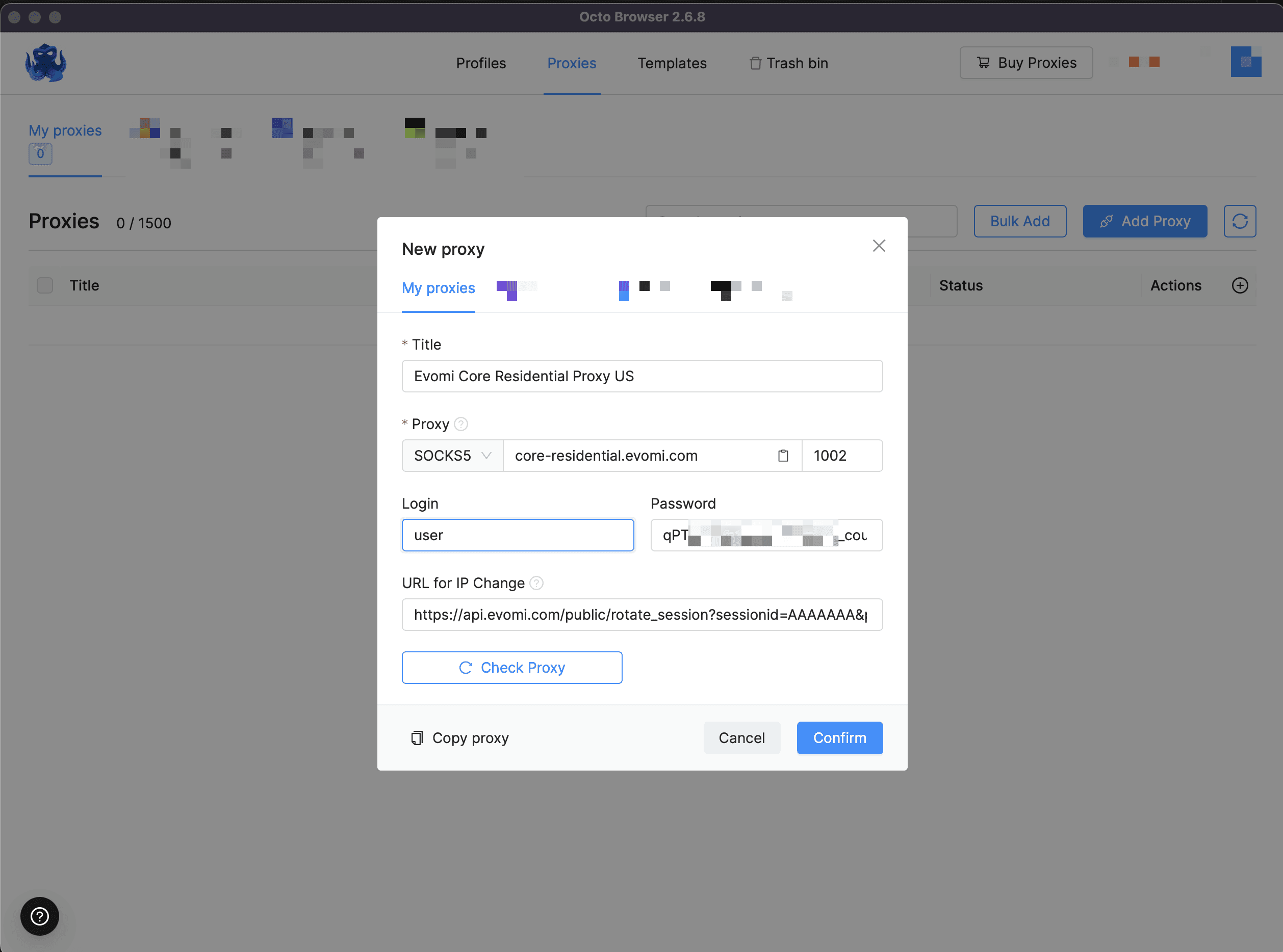 Evomi proxy configuration form in Octo Browser