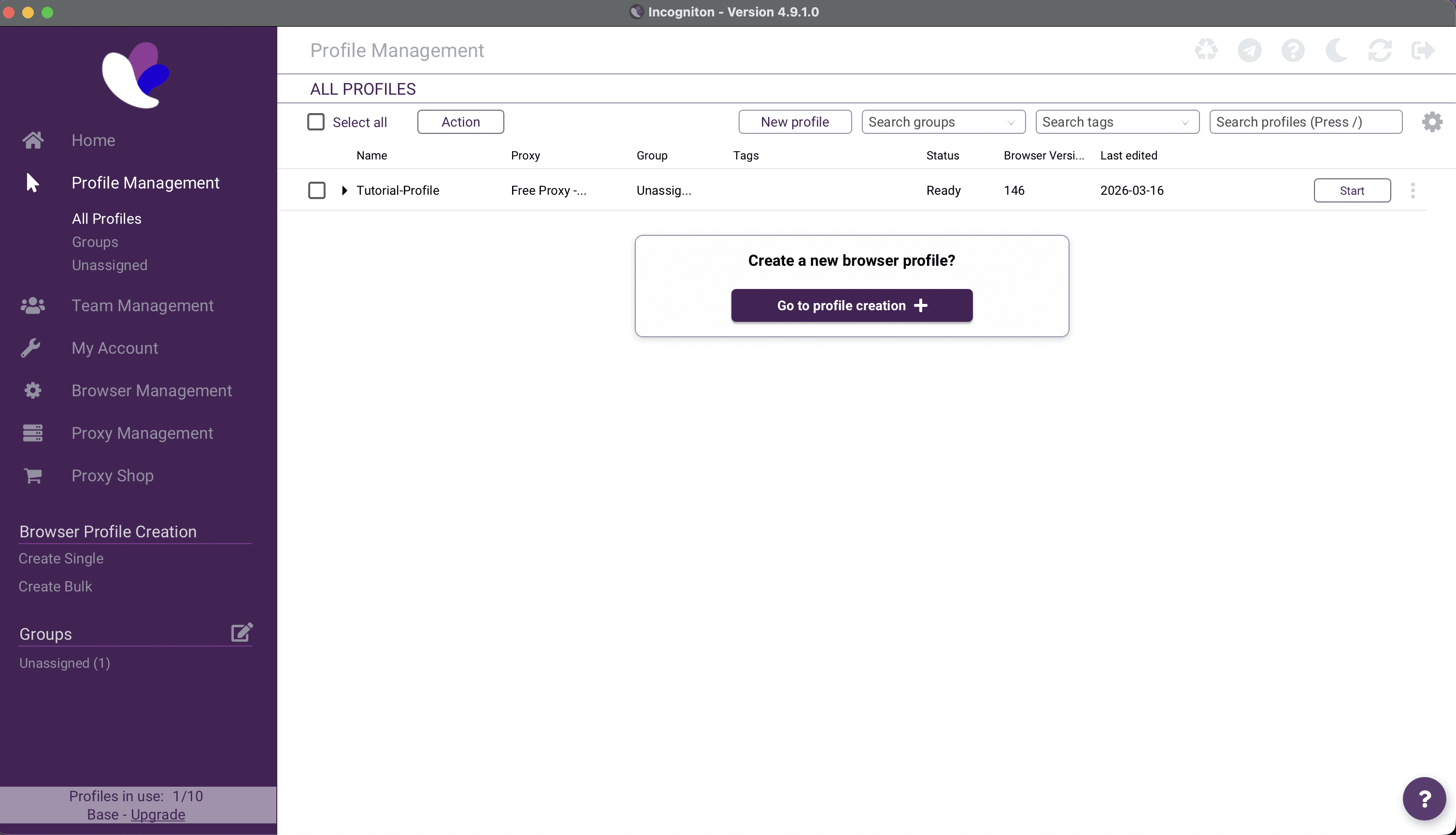 Incogniton profile management dashboard showing the Tutorial-Profile and the Go to profile creation button