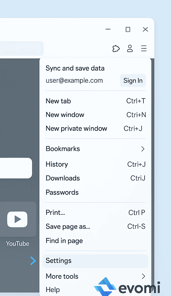 Firefox browser menu expanded, showing the Settings option