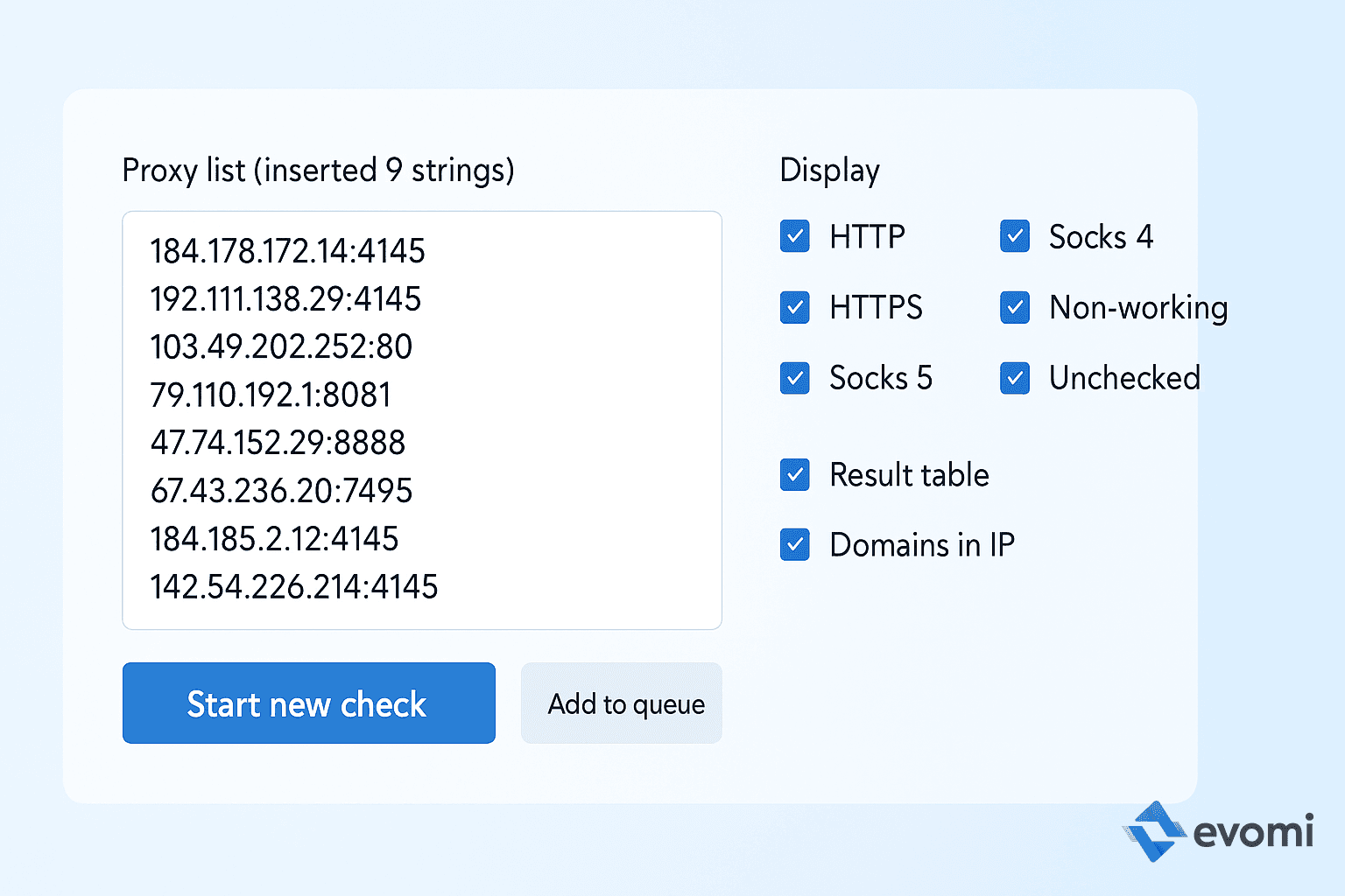 Interface of an online proxy checker tool