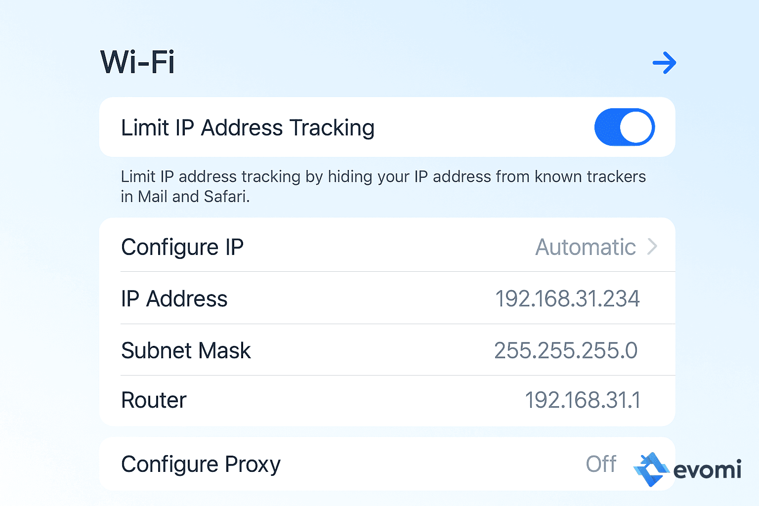 iOS Wi-Fi network details with Configure Proxy option highlighted