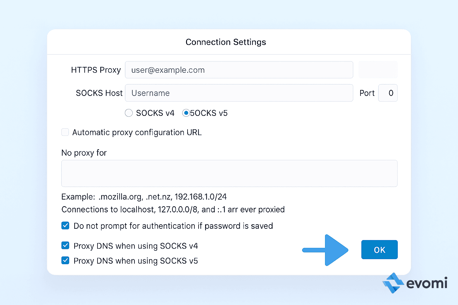 Firefox Connection Settings window showing the OK button to save changes