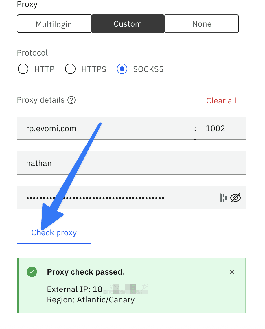 Testing the proxy connection in Multilogin