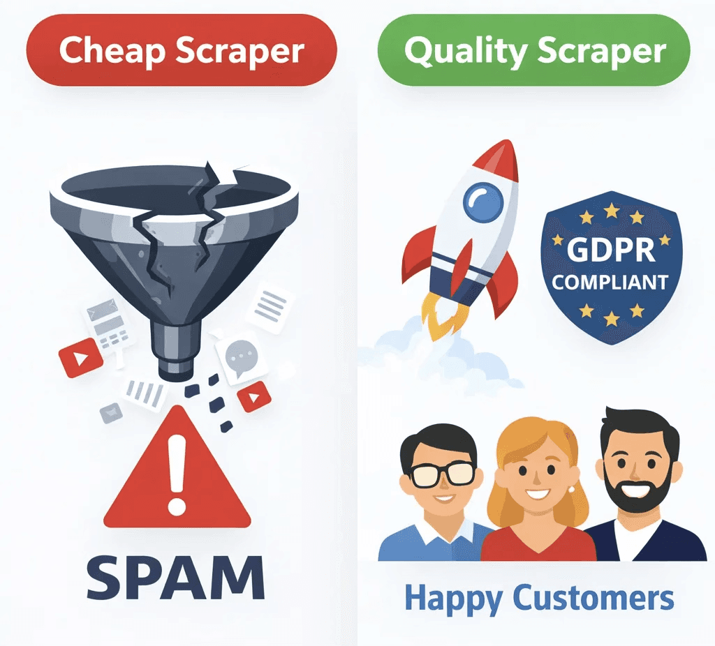 Comparison of cheap web scrapers causing spam versus quality, GDPR-compliant scrapers leading to happy customers