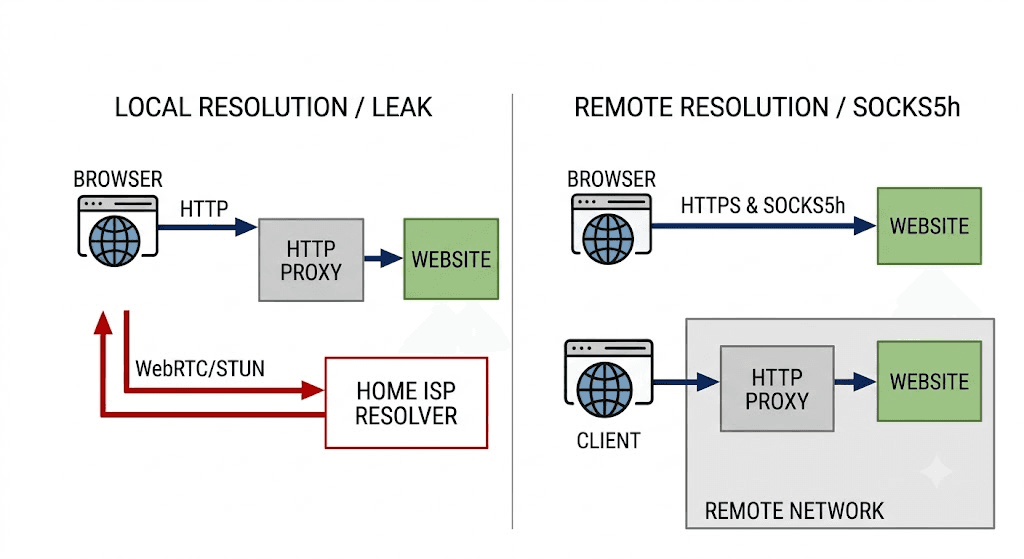 Diagram: two side-by-side flows. Left ("local resolution / leak"): client resolves target.com at the home ISP resolver, then sends the IP through the proxy — a red arrow goes from client straight to the ISP resolver, bypassing the proxy box. Right ("remote resolution / socks5h"): client sends the hostname into the proxy, and the proxy resolves it from its own side — the only arrow leaving the client goes into the proxy.