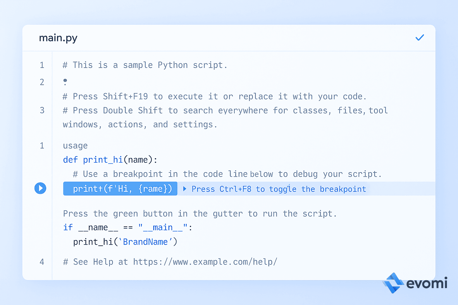 PyCharm IDE showing the main.py file.
