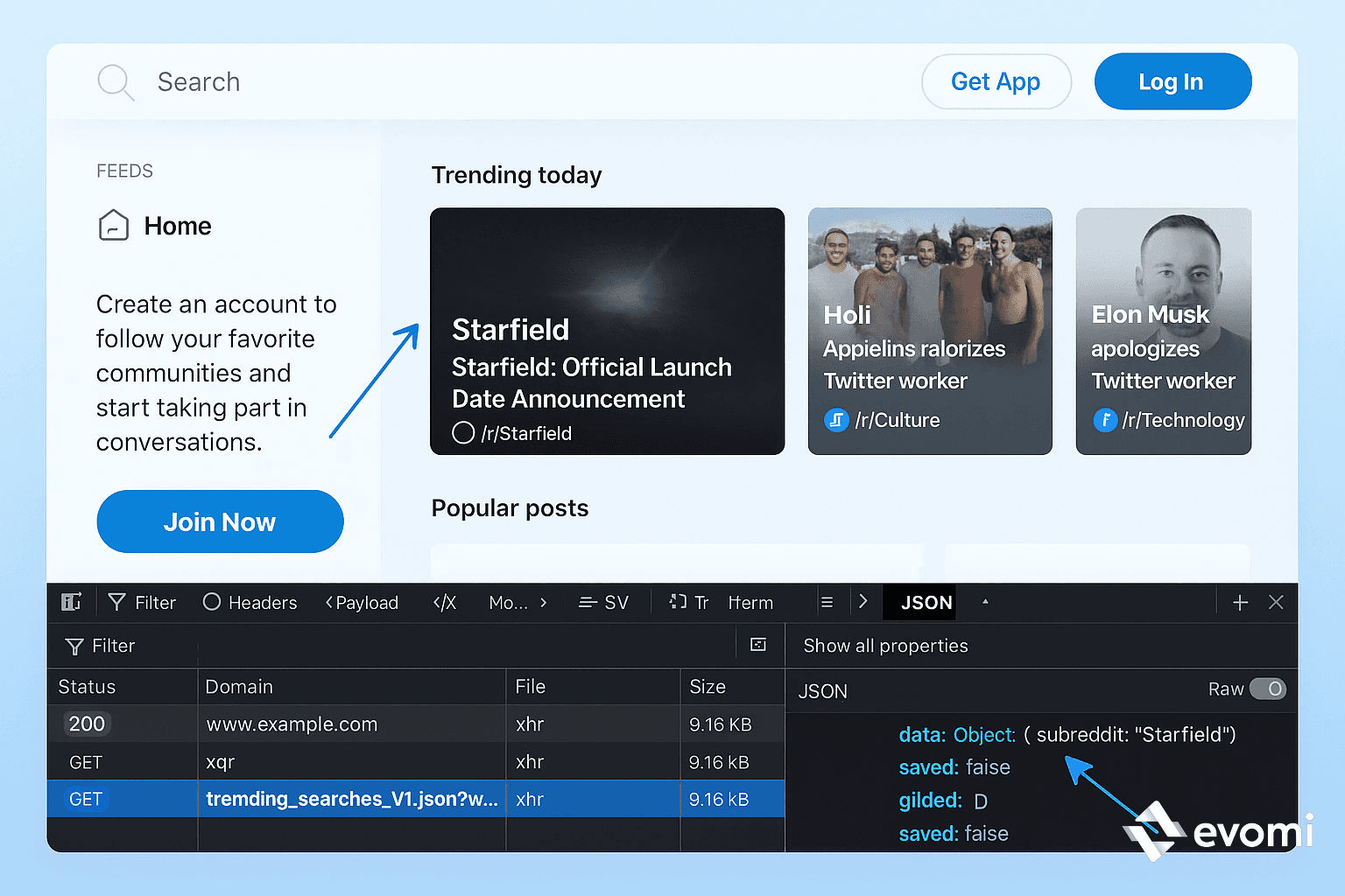 Browser developer tools showing network requests