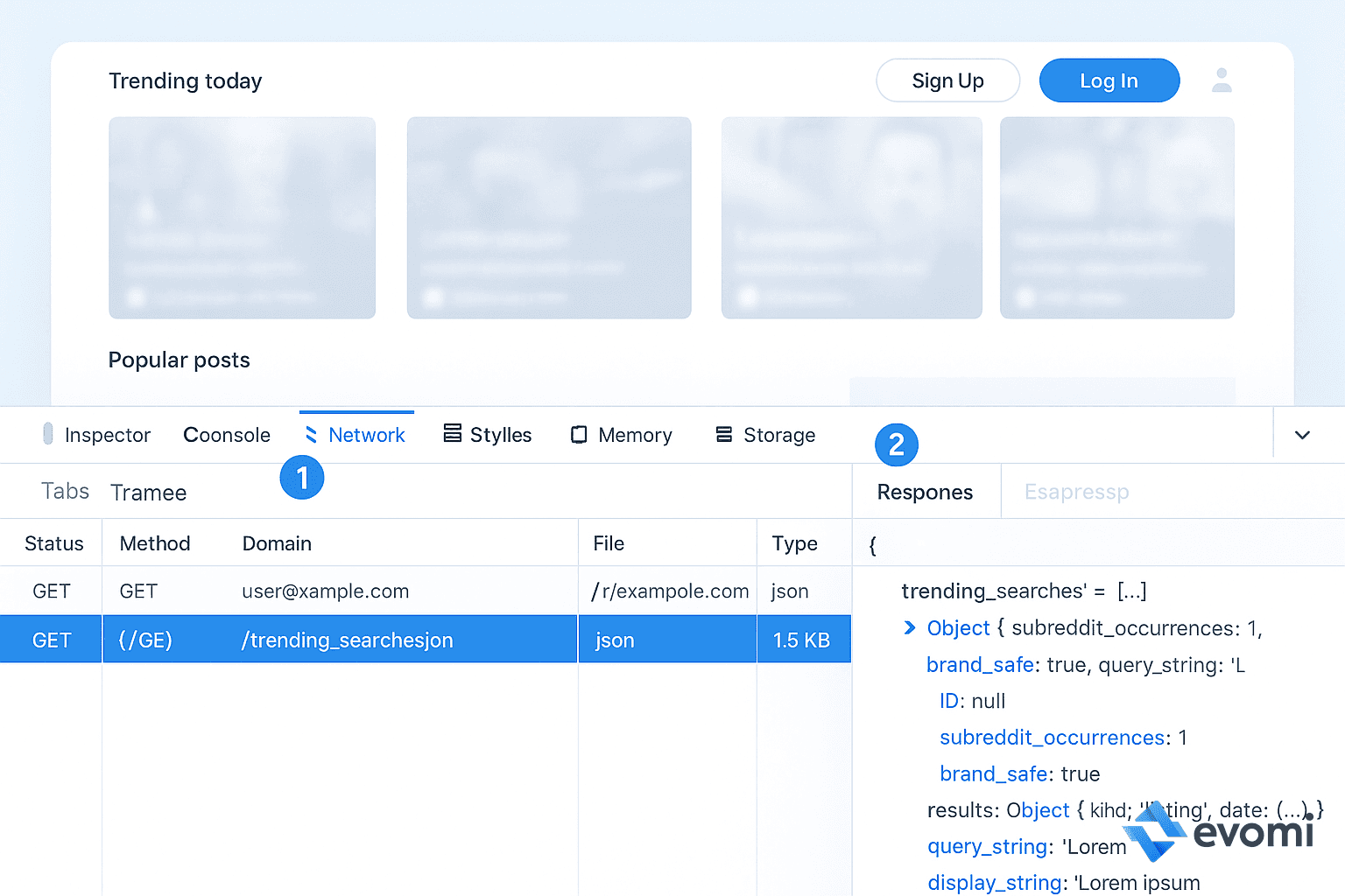 Browser developer tools showing network requests